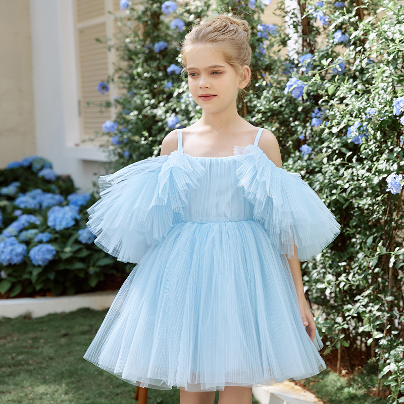 Sky Blue Custom Pleated Tulle Wedding Flower Girl Dress Spaghetti Strap Kids Birthday Party Dress Princess Ball Gown Dress