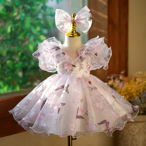 Girls' dress little girl pink purple flower fairy princess dress children host piano performance costume with hairband