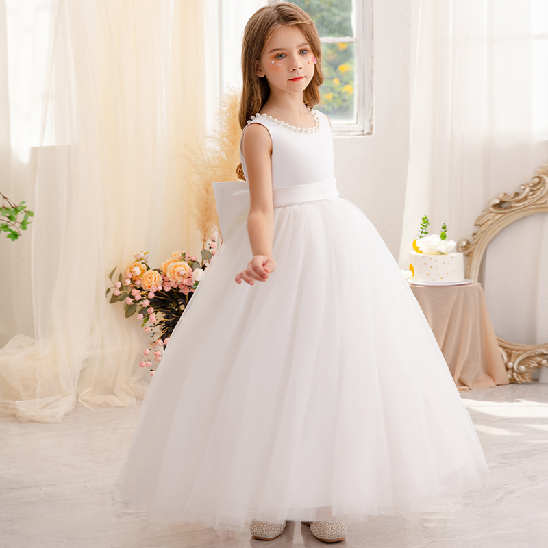 Wedding party white satin top tulle big bow V back tulle long children frock birthday holiday kids dresses for flower girls