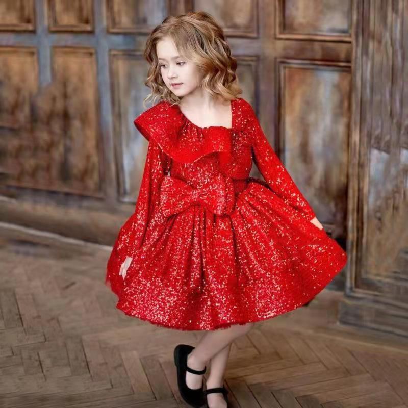 luxury red gold white ball gowns birthday party frock sequined puffy elegant flower girls' wedding dress for 10 years old kid