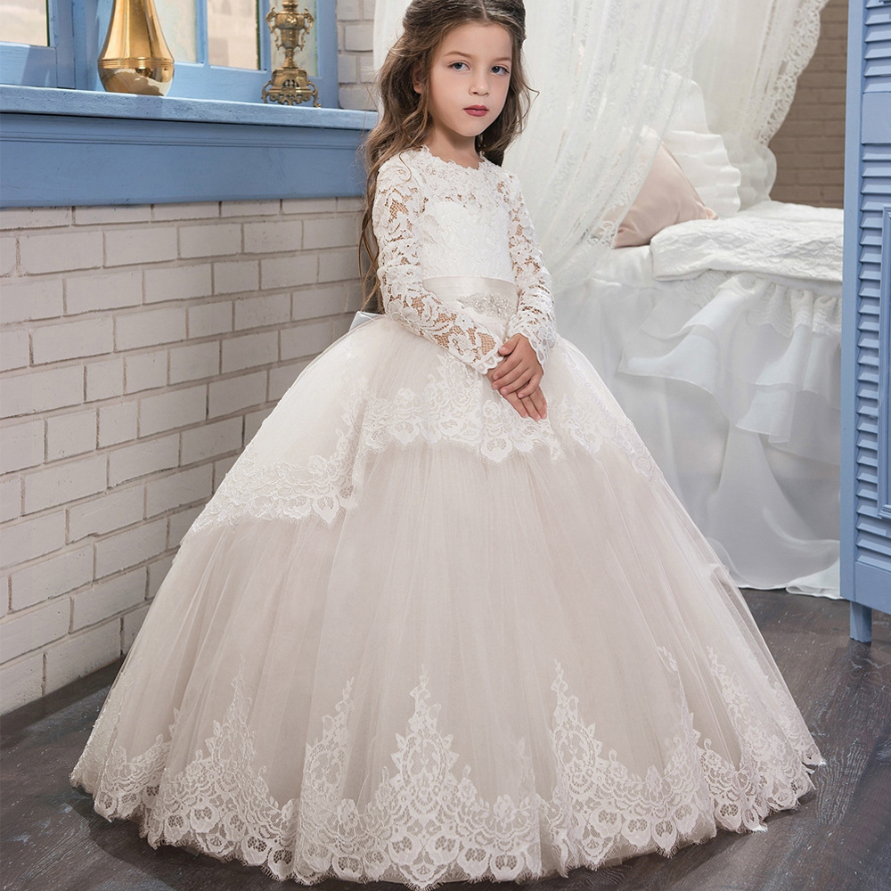 2023 Appliques Sequins Long Lace Sleeves Boat Neck Princess Dress Wedding First Communion Dress Pageant Gowns Flower Girl Dress