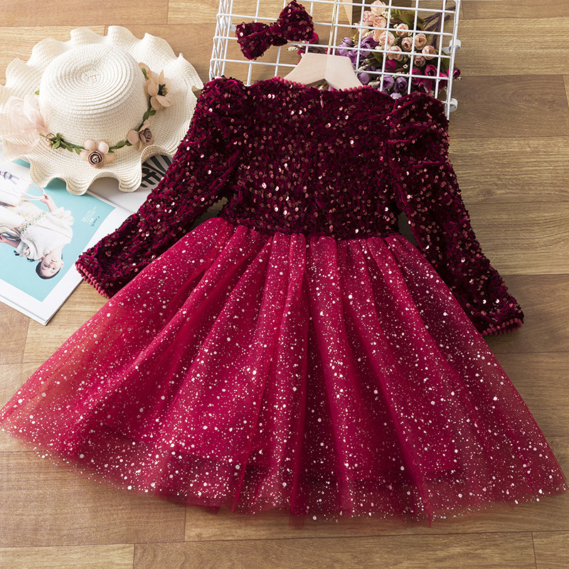 Girls sequined shiny fashion tulle winter style long sleeve christmas red gray children's party dress baby girl princess dress