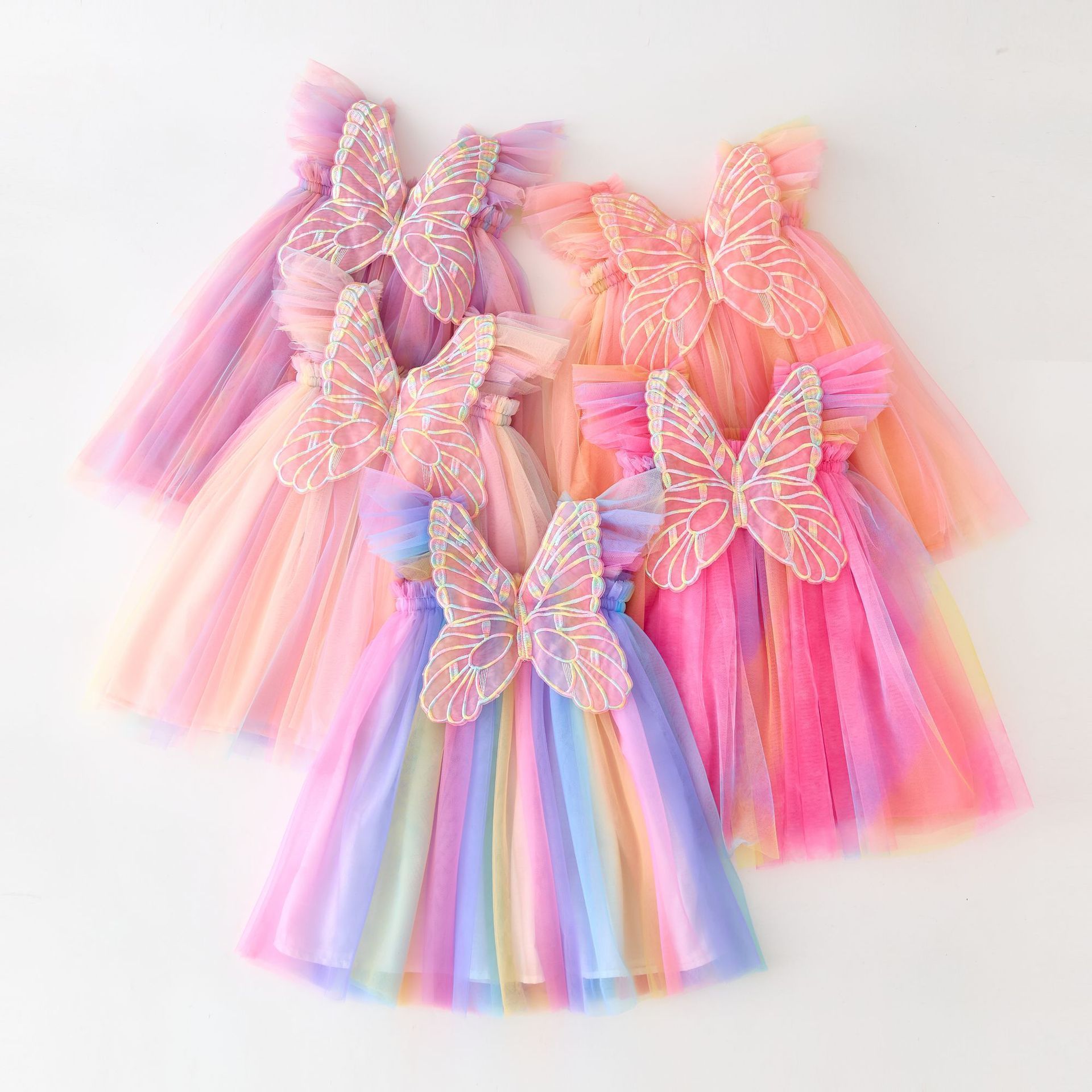 New design children's clothing wholesale summer colorful tulle sleeveless daily wear casual girls dresses with butterfly back