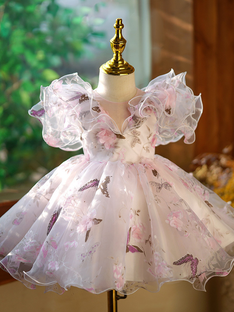 Girls' dress little girl pink purple flower fairy princess dress children host piano performance costume with hairband