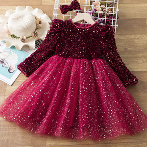 Girls sequined shiny fashion tulle winter style long sleeve christmas red gray children's party dress baby girl princess dress