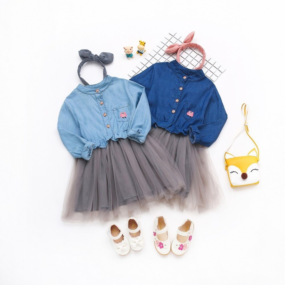 Spring/Autumn New Girls' Dress Bubble Sleeve Denim Princess Dress Fashion Baby Clothes