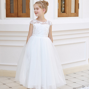 2024 Girls Short Sleeve Lace Princess Dress White Flower Girl Dress Wedding Party Birthday Dress For Kids Clothing