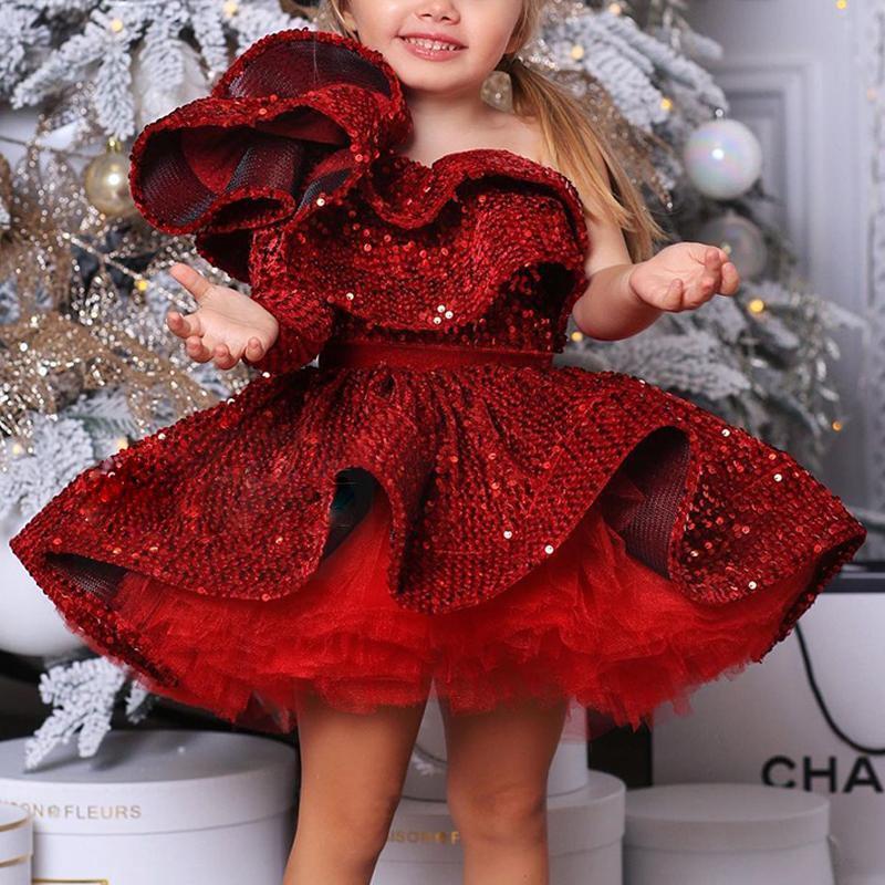 luxury red gold white ball gowns birthday party frock sequined puffy elegant flower girls' wedding dress for 10 years old kid