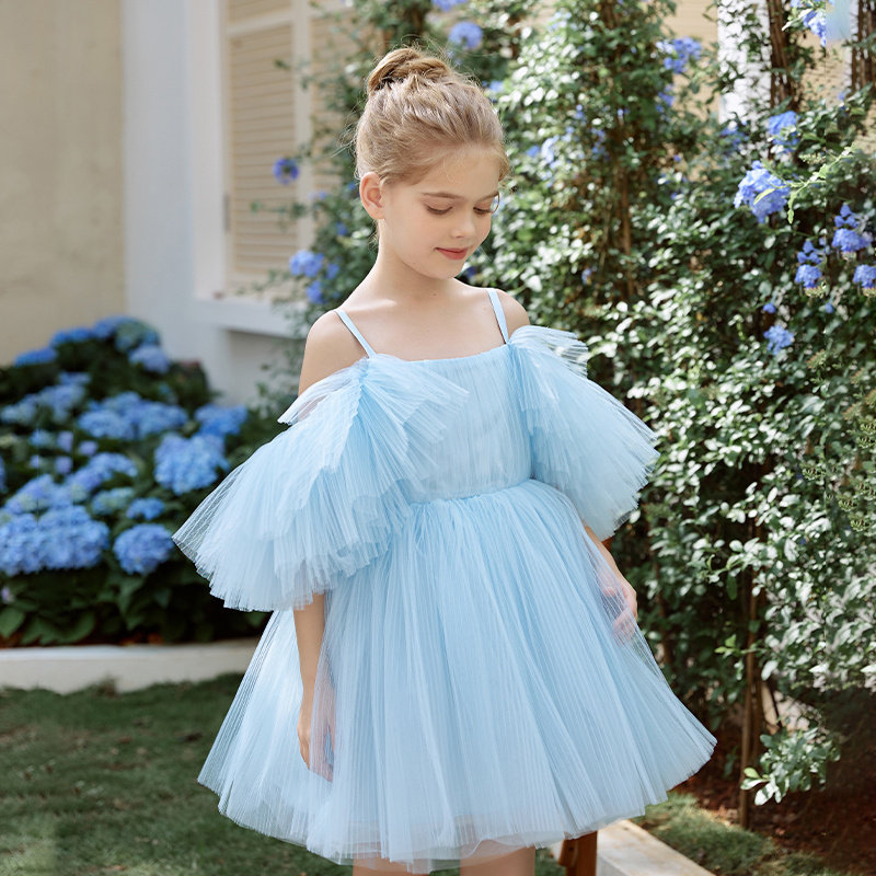 Sky Blue Custom Pleated Tulle Wedding Flower Girl Dress Spaghetti Strap Kids Birthday Party Dress Princess Ball Gown Dress