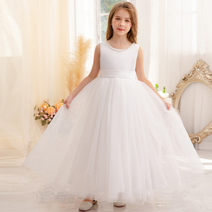 Wedding party white satin top tulle big bow V back tulle long children frock birthday holiday kids dresses for flower girls