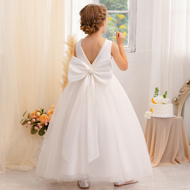 Wedding party white satin top tulle big bow V back tulle long children frock birthday holiday kids dresses for flower girls