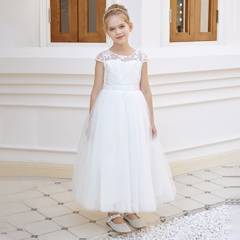 2024 Girls Short Sleeve Lace Princess Dress White Flower Girl Dress Wedding Party Birthday Dress For Kids Clothing