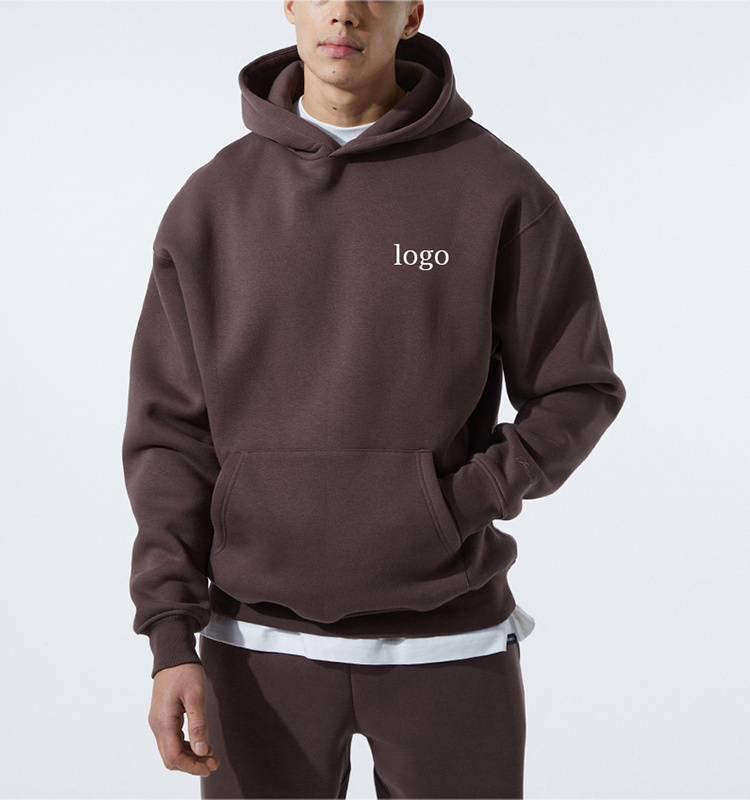 Street wear fashion men custom pullover oversized heavy hoodie brown organic 100% cotton printed unisex plain hoodies