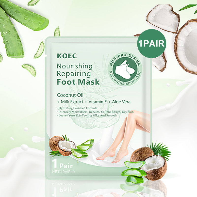 KOEC Coconut&Aloe Vera Foot Mask for Dry Cracked Feet Wholesale Moisturizing Foot Peeling Sheet Mask Remove Dead Skin Callus