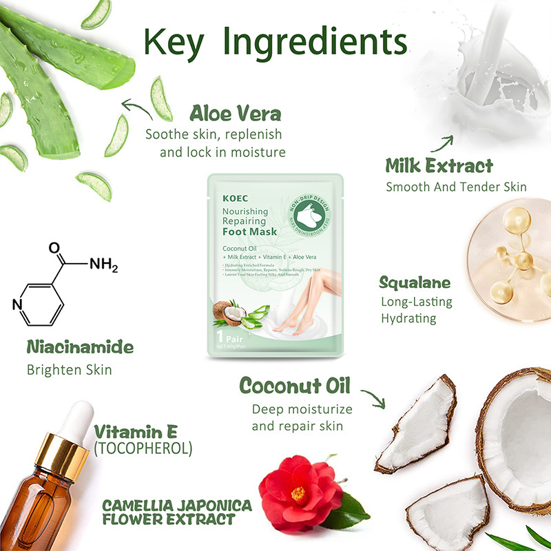 KOEC Coconut&Aloe Vera Foot Mask for Dry Cracked Feet Wholesale Moisturizing Foot Peeling Sheet Mask Remove Dead Skin Callus