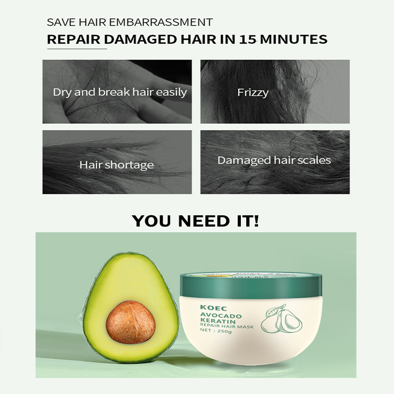 KOEC Keratin Hair Mask for Dry&Damaged Hair Wholesale Natural Avocado Collagen Repair Hair Masks Treatment 250g