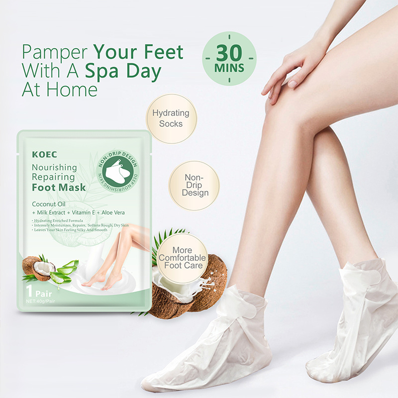 KOEC Coconut&Aloe Vera Foot Mask for Dry Cracked Feet Wholesale Moisturizing Foot Peeling Sheet Mask Remove Dead Skin Callus