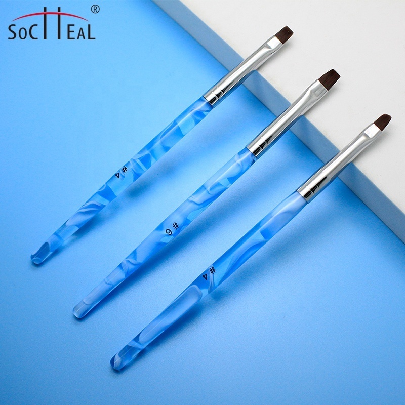 2022 Latest 3 Pcs Blue Sea Wave Acrylic Handle Gel UV Nail Art Set Synthetic Hair Flat Oval Nail Glue Brush