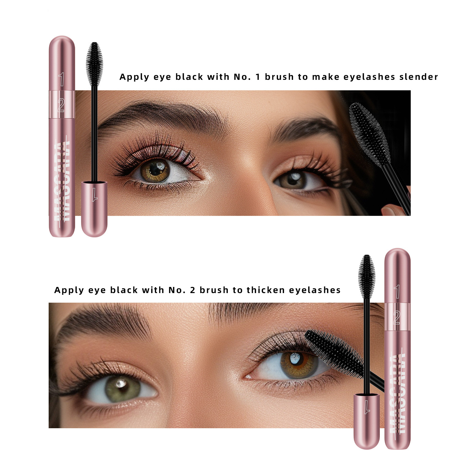 OEM Rose Gold Double Action Mascara Thick Slim Long 2-in-1 Waterproof Non-Smudge Curly Mascara