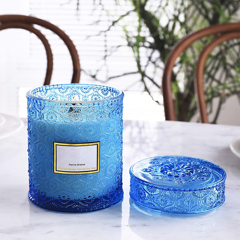 Custom Luxury Candle Jars embossed daisy pattern Shape Glass Candle Jars With Lids Candle Jars