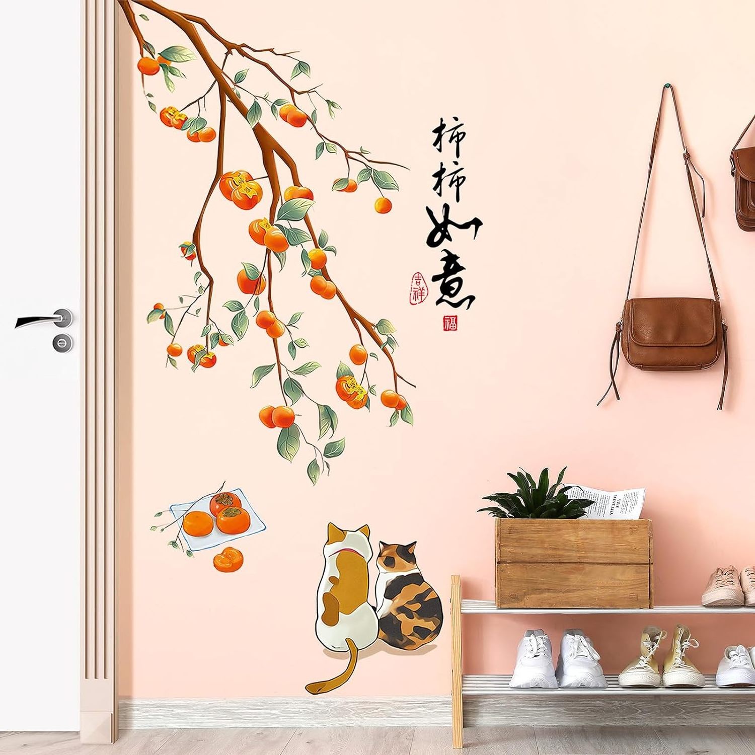 Removable 3d Orange Persimmon With Tree Branch wall sticker Cat Falling Leaf Chinese Quotes 