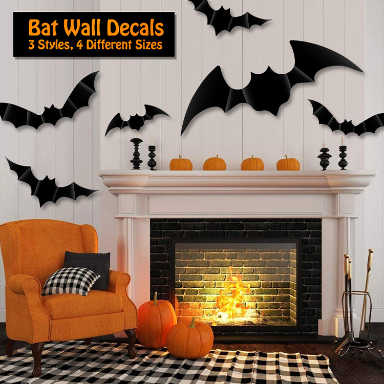 Halloween Bats Different Sizes Pvc Bat Stickers Scary Black Sticker Home Decor Diy Wall Decal Bathroom Indoor Party Supplies