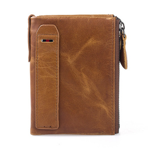 ya421 Cowhide Real Leather Men Women Coin Purse with Double Zipper Bifold Coin Wallets