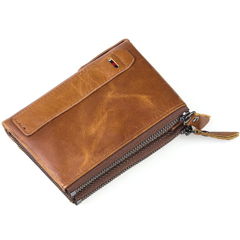 ya421 Cowhide Real Leather Men Women Coin Purse with Double Zipper Bifold Coin Wallets