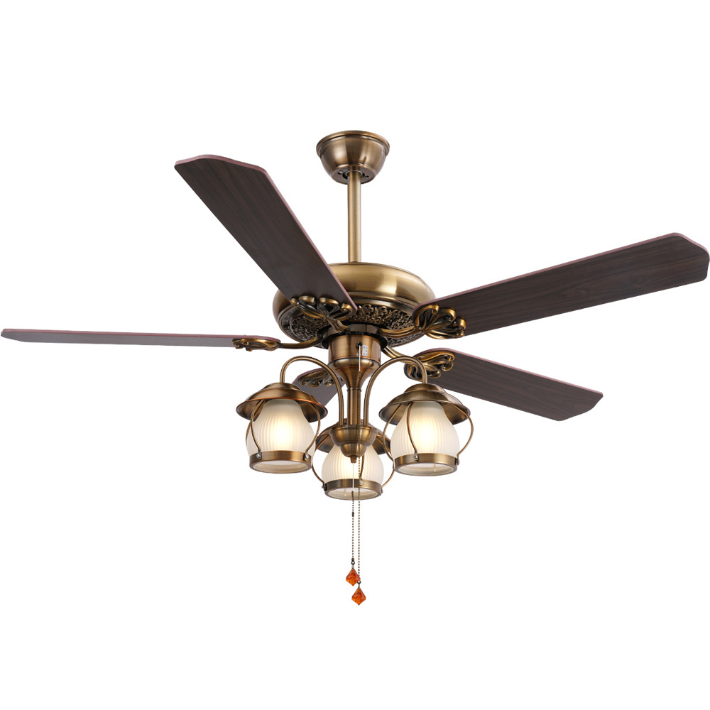 Customization Vintage Wooden 5 Blade Glass Light Shades Bulb Copper Coil Ceiling Fan With Light Bronze 52 Inch