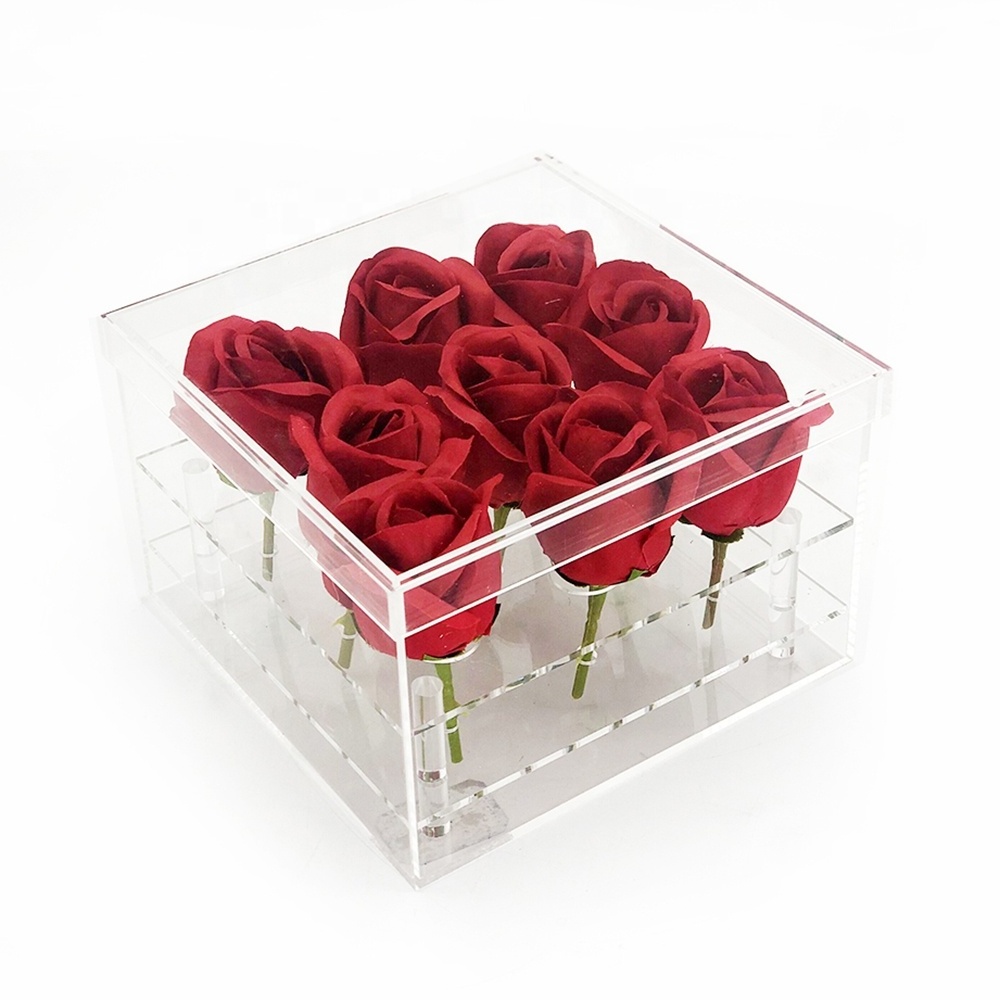 New model customized small clear acrylic with cover nine roses gift box acrylic flower box 9 Holes plastic Flower display stand