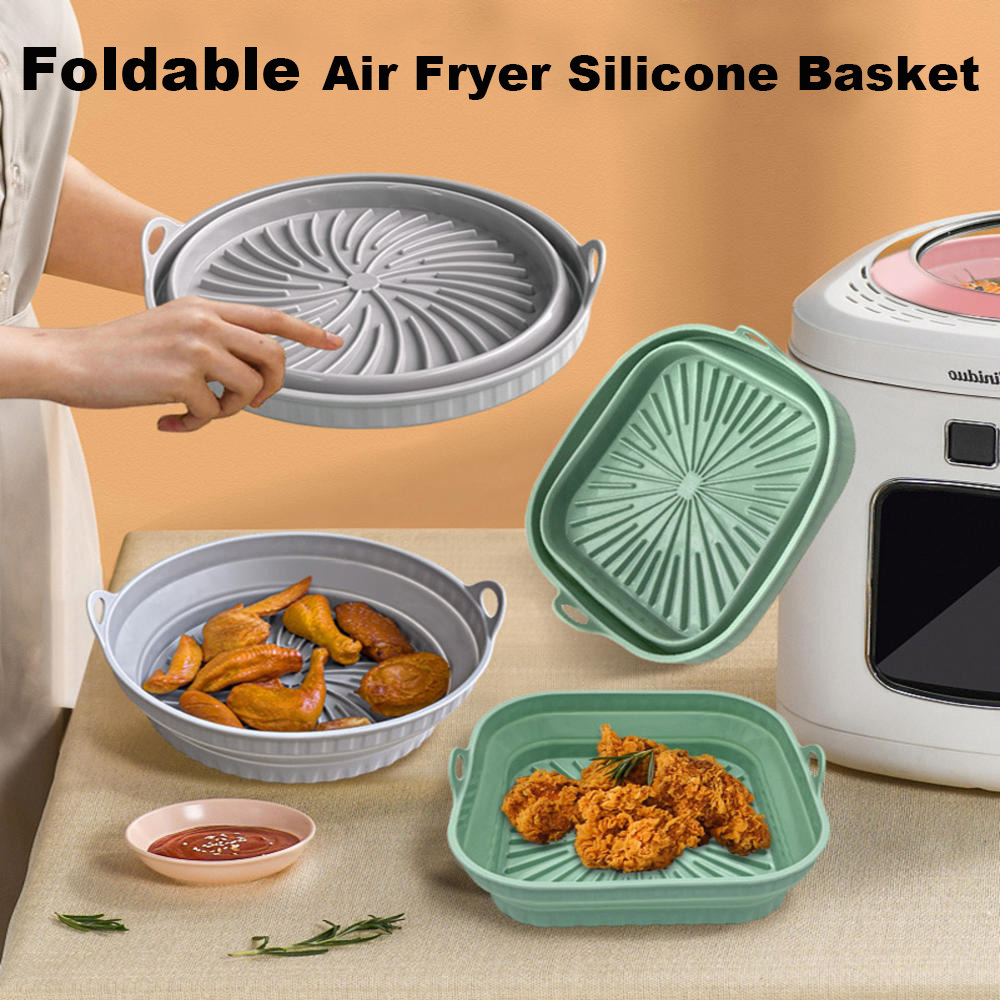 Air Fryer Silicone Basket Foldable Round Square Mold Air fryer Oven Baking Tray Pizza Fried Chicken Basket Reusable Pan Liner