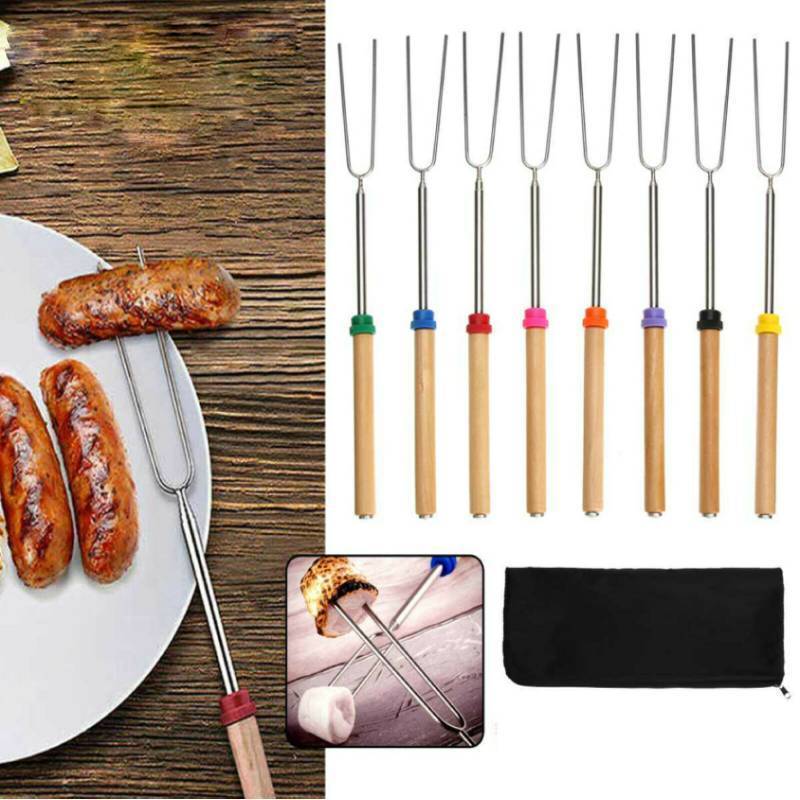 8pcs BBQ Barbecue Skewers Stick Stainless Steel 31-83cm Folding Telescoping Roasting Fork Stick Outdoor BBQ Grilling Accessories