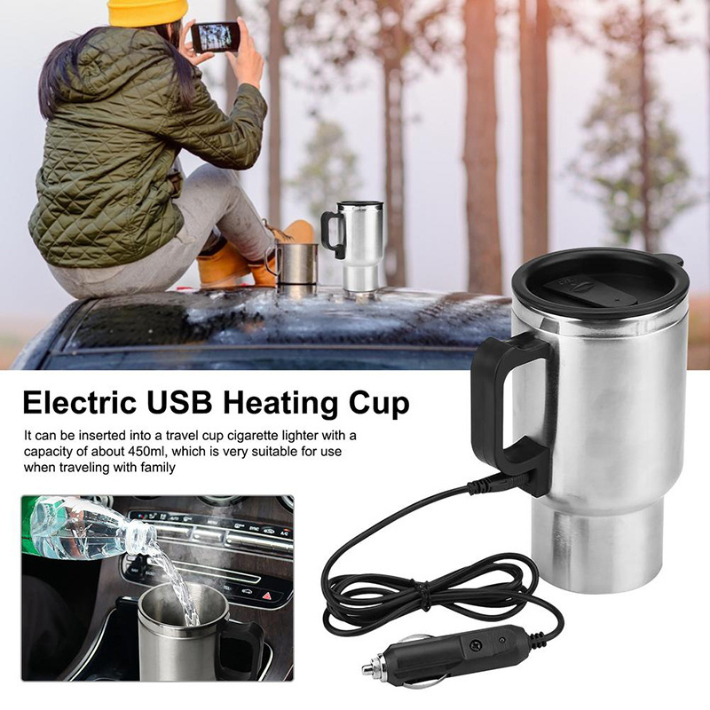 450ml 12V Vehicle Heating Cup Stainless Steel Electric Heating Car Kettle For Camping Travel Kettle Coffee Milk Thermal Bottle