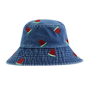 Unisex Summer Denim Sun Hats UPF50+ Foldable Packabl Beach Casual    Washed Cotton  Wide Brim Bucket Hat with Fruit Embroidery