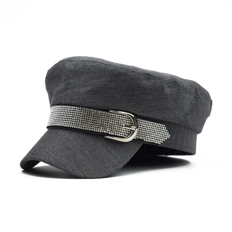 New Solid Cotton Twill Newsboy Cap with Rhinestone Belt Flat Top Short Brim Navy Style Shiny Octagonal Beret Hat for Women Girls