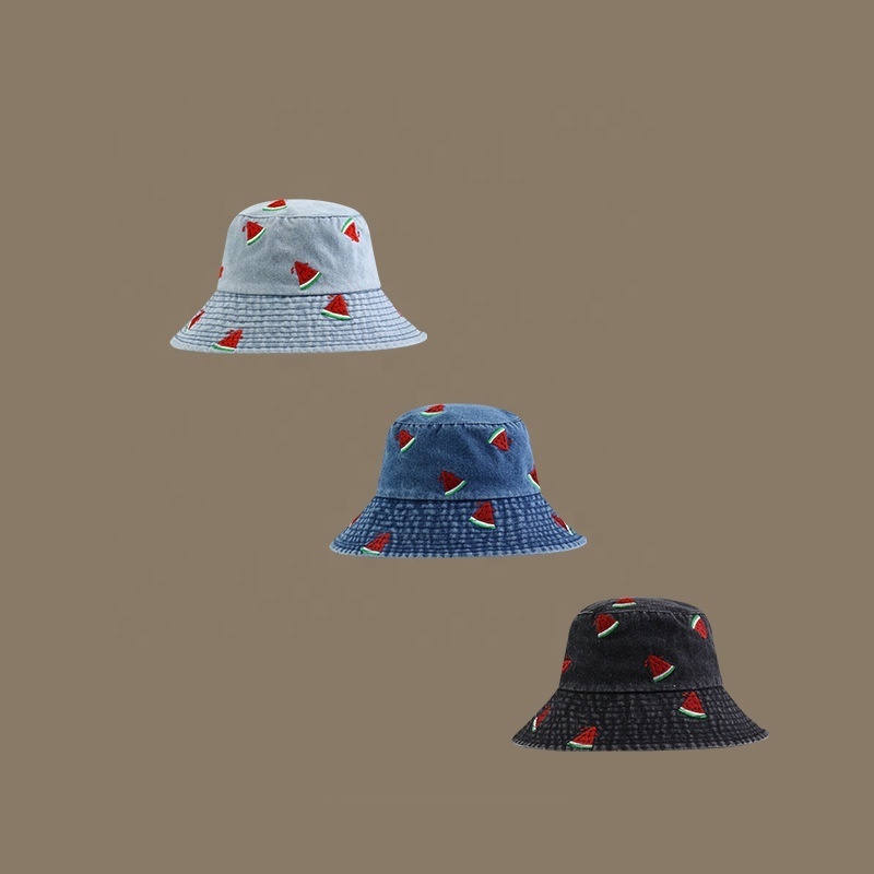 Unisex Summer Denim Sun Hats UPF50+ Foldable Packabl Beach Casual    Washed Cotton  Wide Brim Bucket Hat with Fruit Embroidery