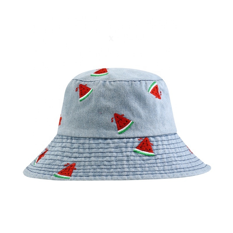 Unisex Summer Denim Sun Hats UPF50+ Foldable Packabl Beach Casual    Washed Cotton  Wide Brim Bucket Hat with Fruit Embroidery