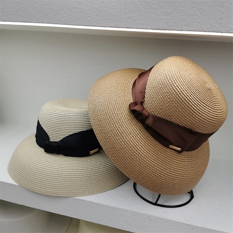 French Hepburn Style Beach Sunscreen Sun Hats For Women Summer UV Protection Travel Luxury Wide Brim Straw Hat With Bow Ribbon