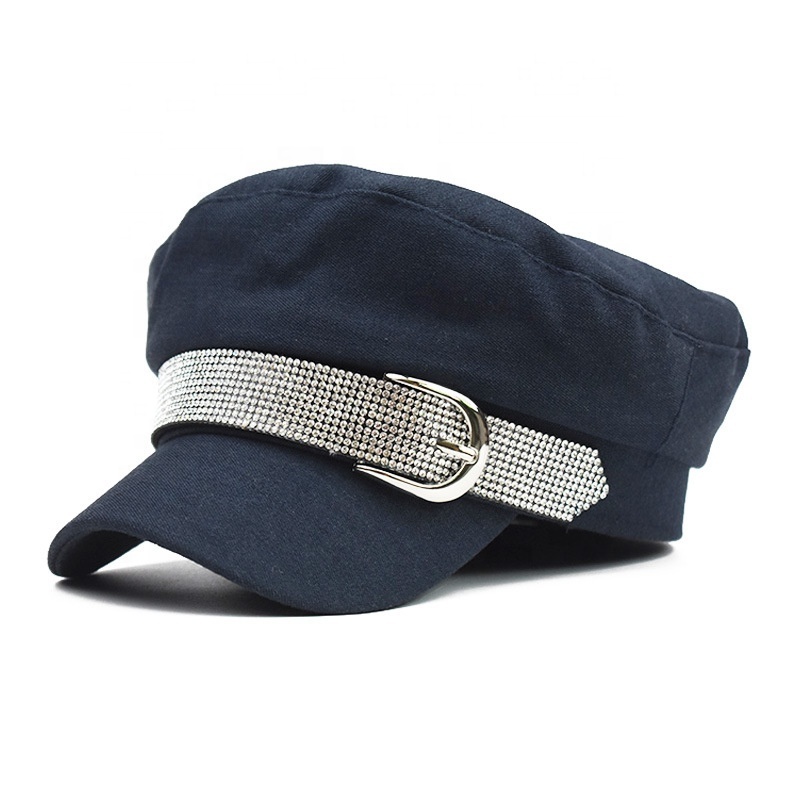 New Solid Cotton Twill Newsboy Cap with Rhinestone Belt Flat Top Short Brim Navy Style Shiny Octagonal Beret Hat for Women Girls