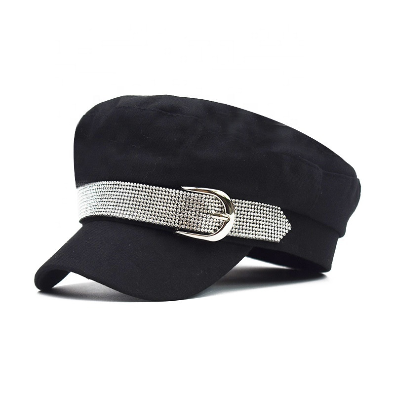 New Solid Cotton Twill Newsboy Cap with Rhinestone Belt Flat Top Short Brim Navy Style Shiny Octagonal Beret Hat for Women Girls