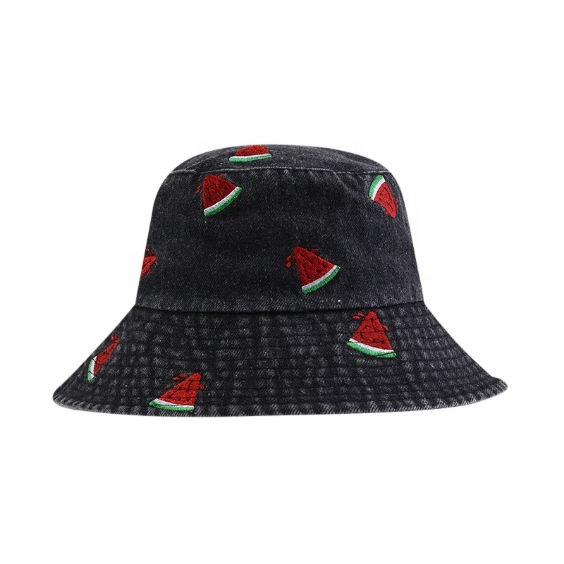 Unisex Summer Denim Sun Hats UPF50+ Foldable Packabl Beach Casual    Washed Cotton  Wide Brim Bucket Hat with Fruit Embroidery