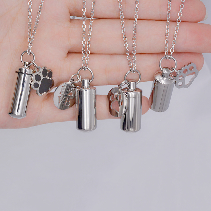 Personalized Pet Paw Love Letters Stainless Steel Cremation Ashes Urn Pendant Necklace