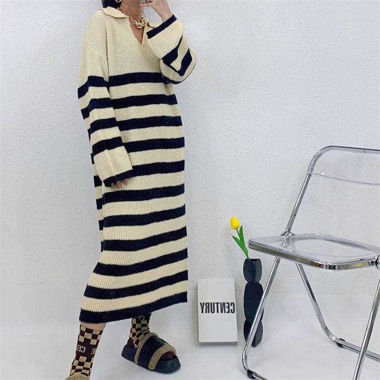 crochet Striped intercolor Casual Dresses plus size women's clothing 2024 sweater Knit dress