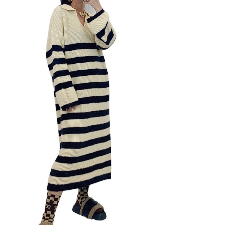 crochet Striped intercolor Casual Dresses plus size women's clothing 2024 sweater Knit dress