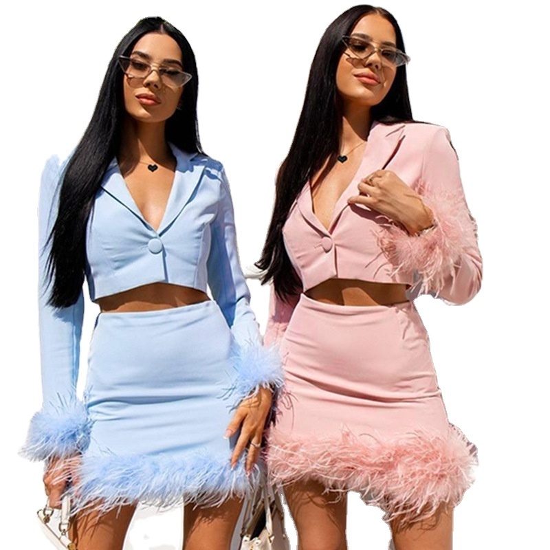 Fall Winter Elegant Faux Fur feather skirt set Spring Long Sleeve Top Blazer and Skirt Set Women's 2Pcs Office Outfits