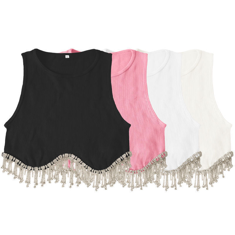 Sexy Y2K Tassel Crochet Top Luxury Beach Rhinestone Crystal Women Athletic Crop Top Sexy Shirts For Women Tops