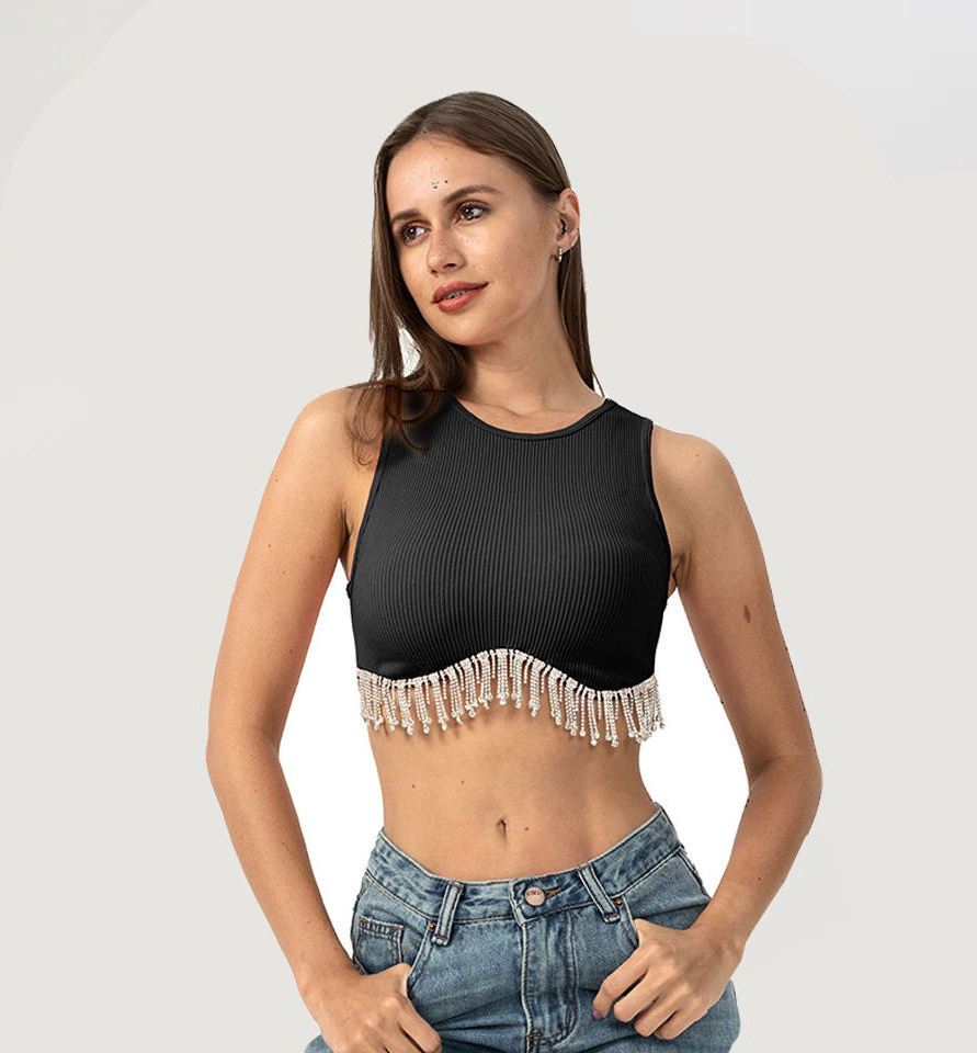 Sexy Y2K Tassel Crochet Top Luxury Beach Rhinestone Crystal Women Athletic Crop Top Sexy Shirts For Women Tops