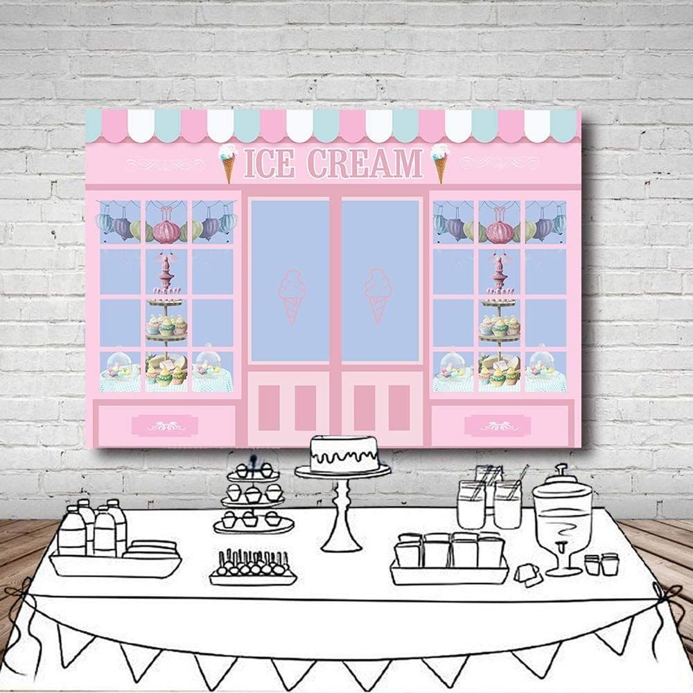 7x5FT Ice Cream Party Backdrop Cute Pink Photo Studio Parlor Door Window Cake Princess Birthday Party Banner Wallpaper