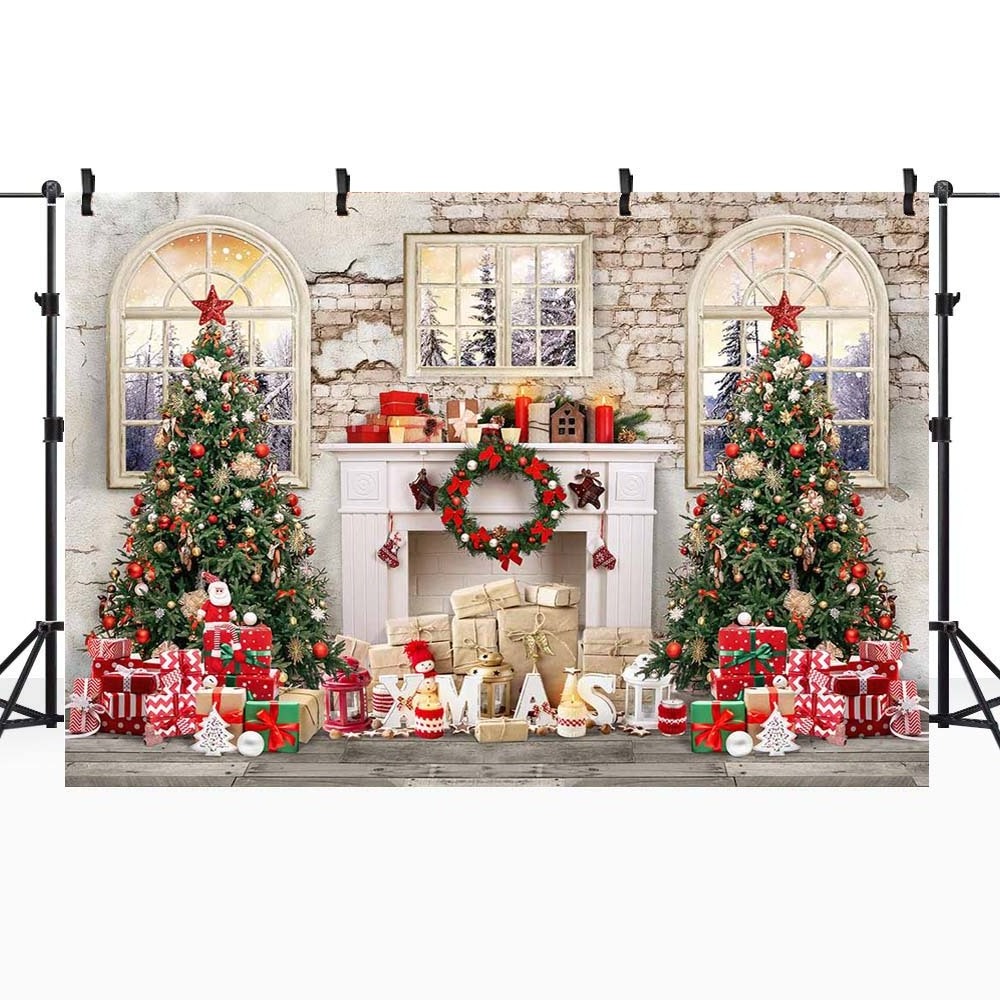 Christmas Backdrop White Fireplace Retro Brick Wall Xmas Tree Gifts Wooden Floor Family Portrait Photography Background