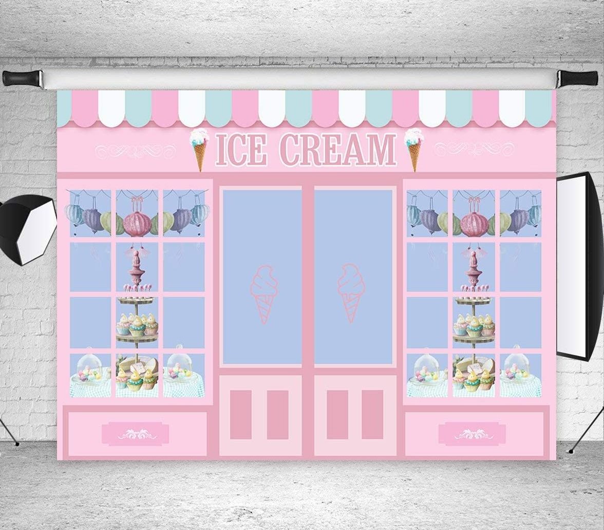 7x5FT Ice Cream Party Backdrop Cute Pink Photo Studio Parlor Door Window Cake Princess Birthday Party Banner Wallpaper